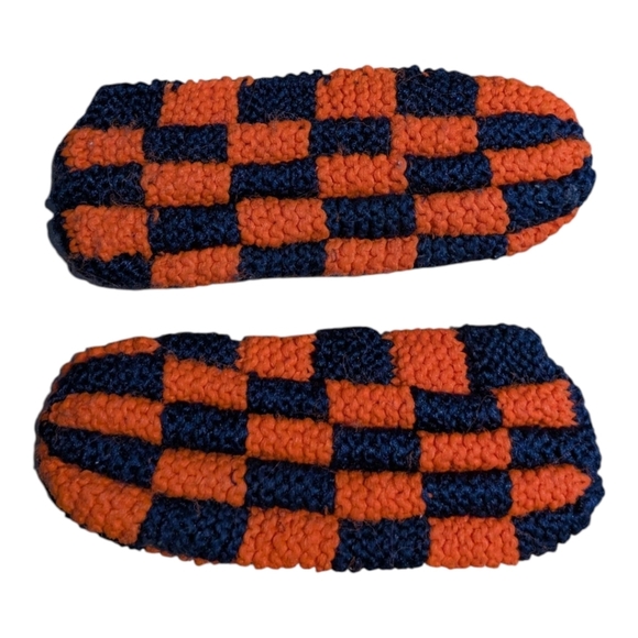 Handmade Knitted Acrylic Yarn Slippers Pantouffles Navy Blue Orange - Picture 5 of 5